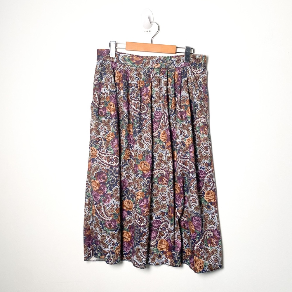 Vintage Floral Paisley Midi Skirt in Purple, Green, Brown